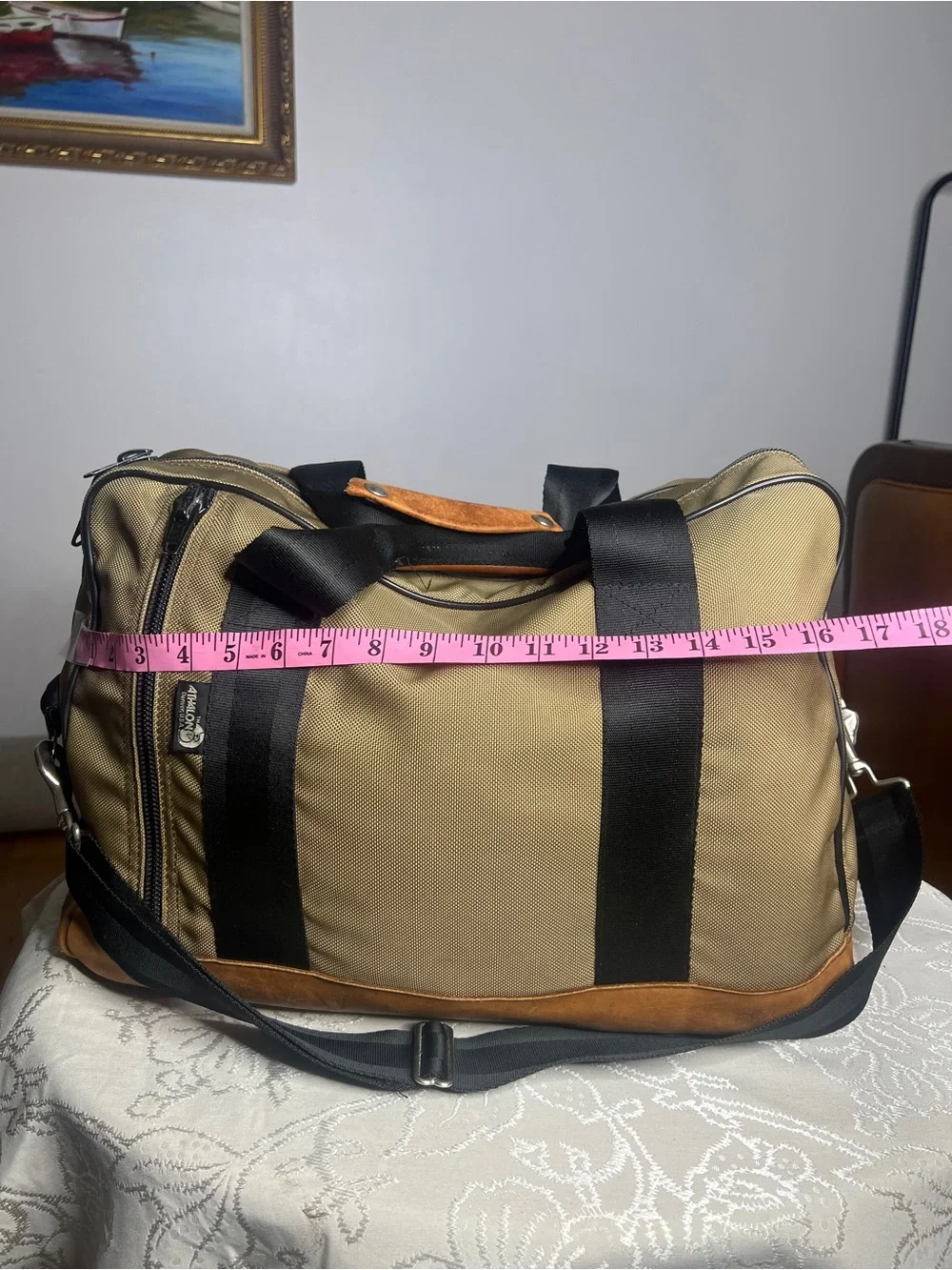 Vintage Athalon Khaki Canvas & Leather Trim Duffel Bag with Black Strap